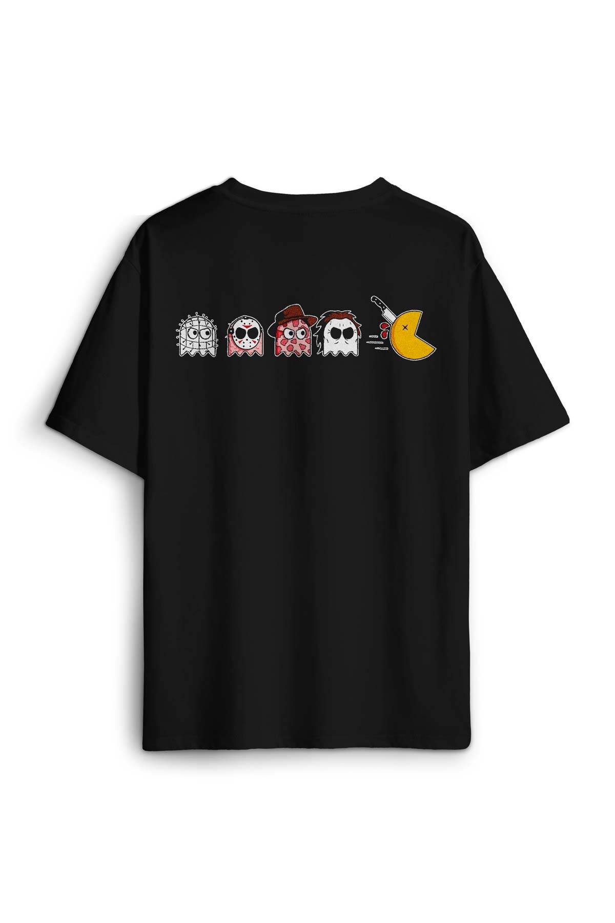 Siyah Oversize Tişört Among Us Pacman Hallowen Korku Film Oyun Sırt Ön Baskılı Unisex T-shirt (1)