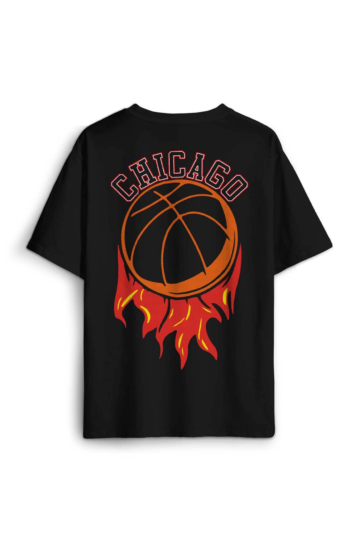 Siyah Oversize Tişört Basketbol Spor Basketball Chicago Yazı Sırt Ön Baskılı Unisex T-shirt - 1
