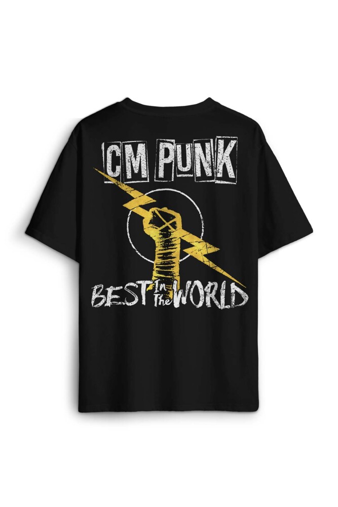 Siyah Oversize Tişört Best In The World Cm Punk Karma Dövüş Gym Spor Sırt Ön Baskılı Unisex T-shirt - 1