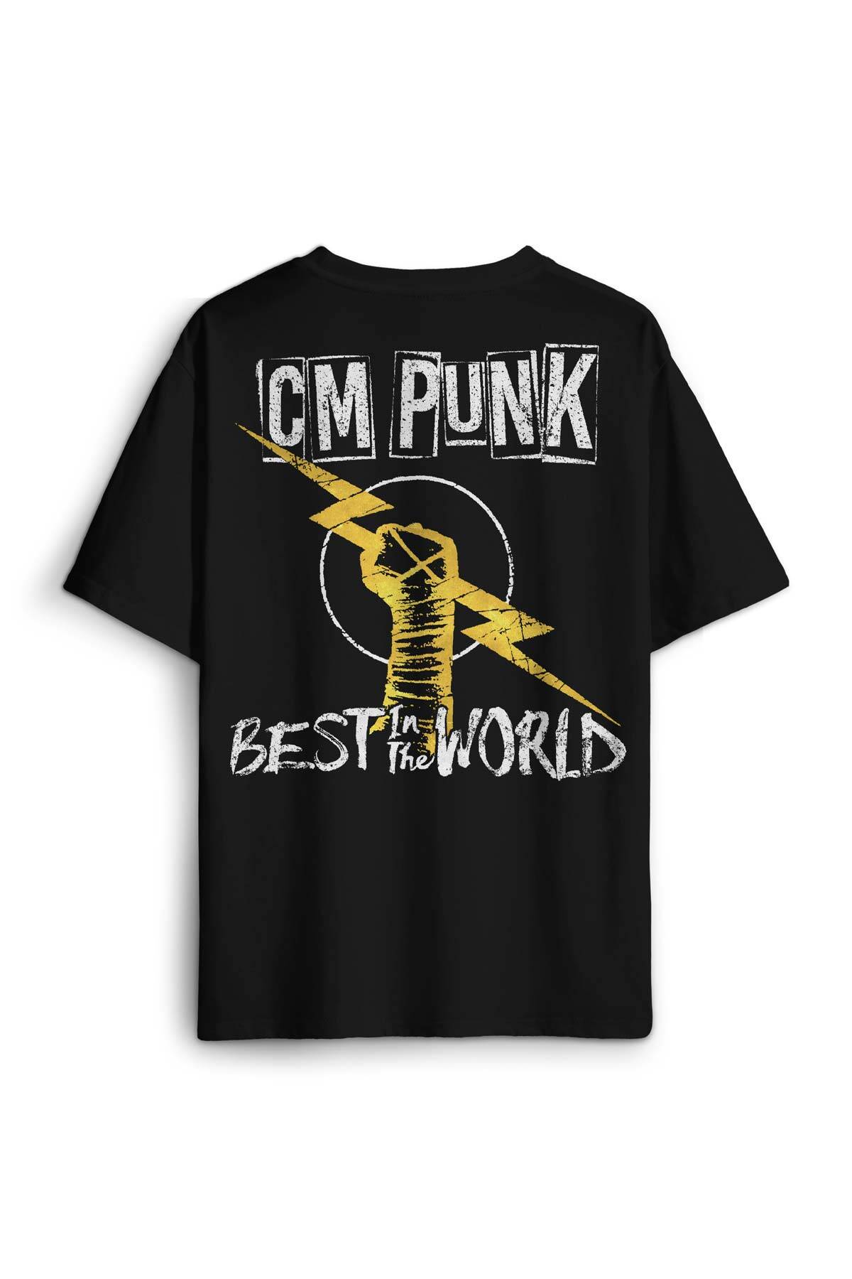 Siyah Oversize Tişört Best In The World Cm Punk Karma Dövüş Gym Spor Sırt Ön Baskılı Unisex T-shirt