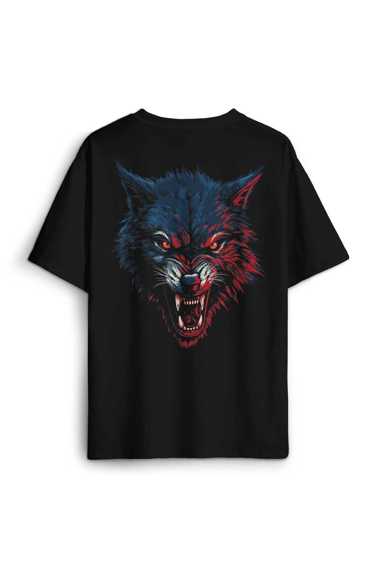 Siyah Oversize Tişört Bordo Mavi Kurt Wolf Red Blue Sırt Ön Baskılı Unisex T-shirt (1)