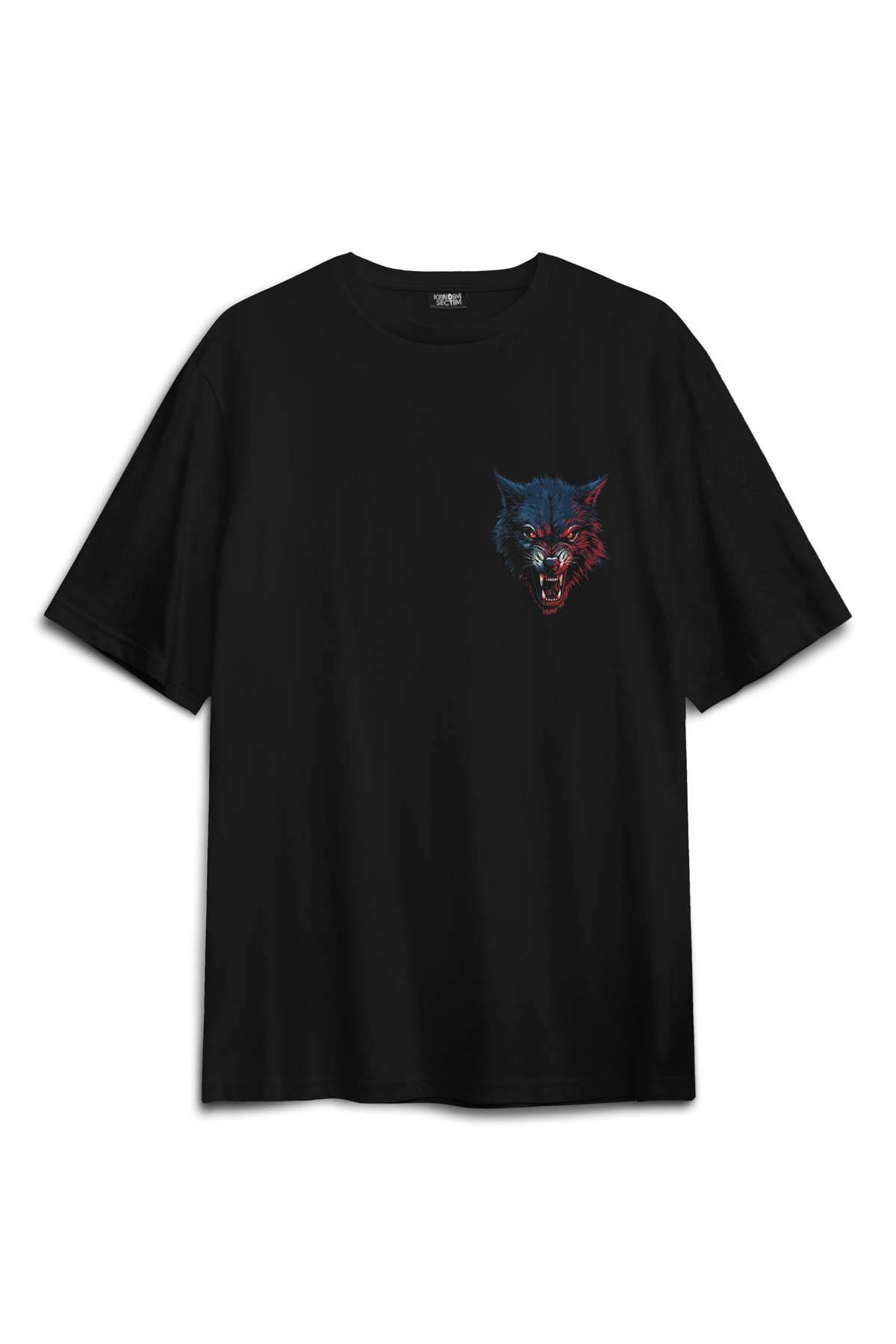 Siyah Oversize Tişört Bordo Mavi Kurt Wolf Red Blue Sırt Ön Baskılı Unisex T-shirt - 1