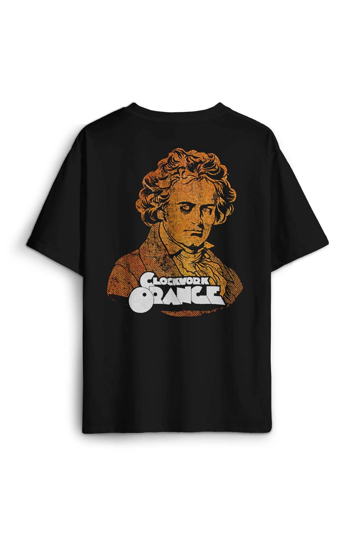 Siyah Oversize Tişört Clockwork Orange Otomatik Portakal Kitap Film Sırt Ön Baskılı Unisex T-shirt (1)