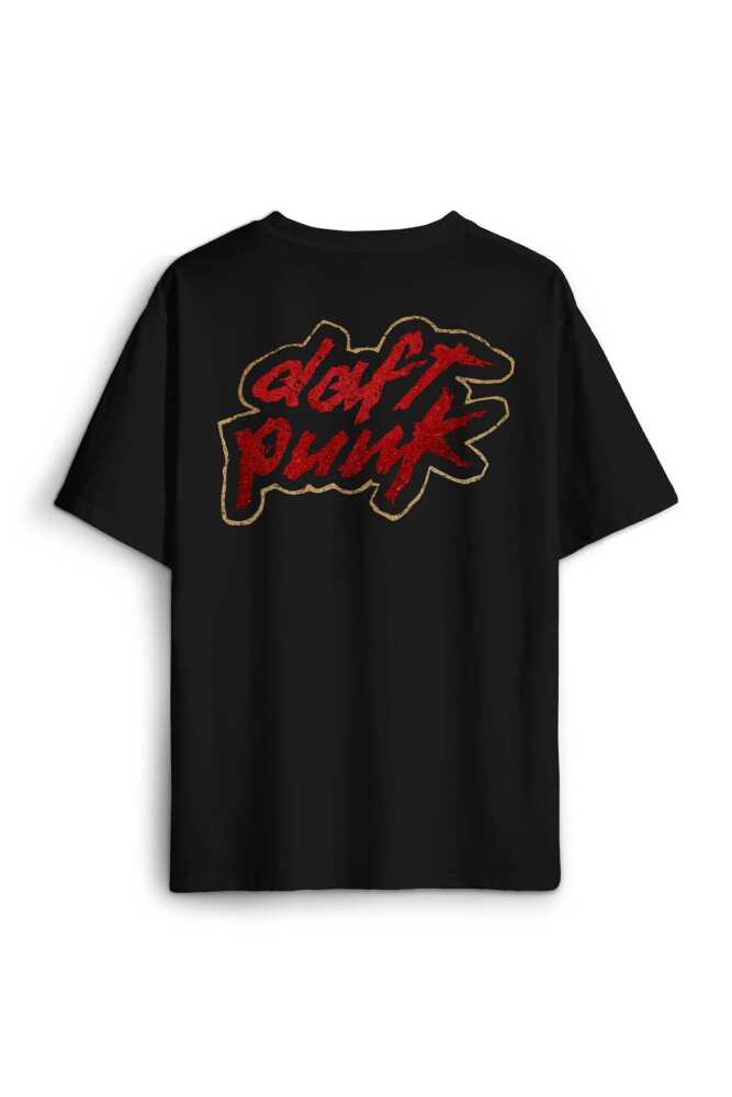 Siyah Oversize Tişört Daft Punk Logo Homework Albüm Müzik Sırt Ön Baskılı Unisex T-shirt - 1