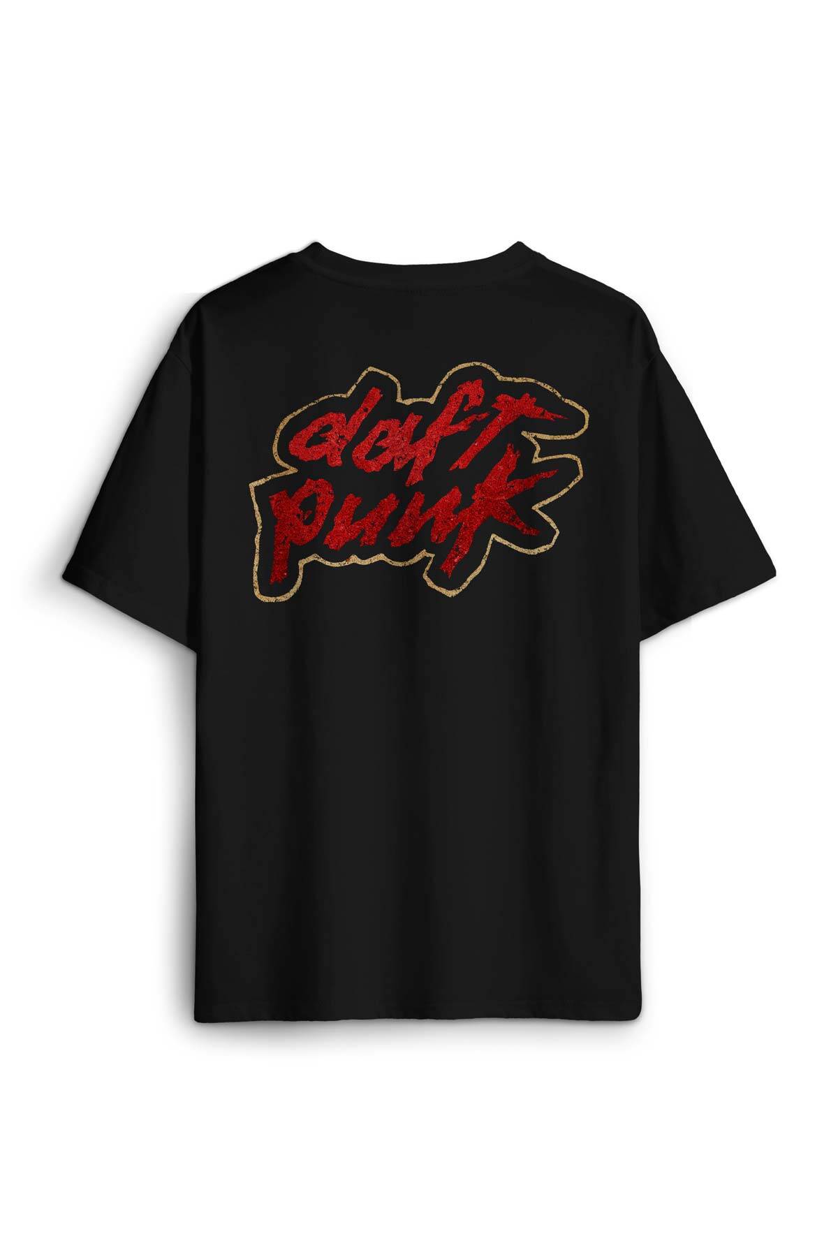 Siyah Oversize Tişört Daft Punk Logo Homework Albüm Müzik Sırt Ön Baskılı Unisex T-shirt - 1