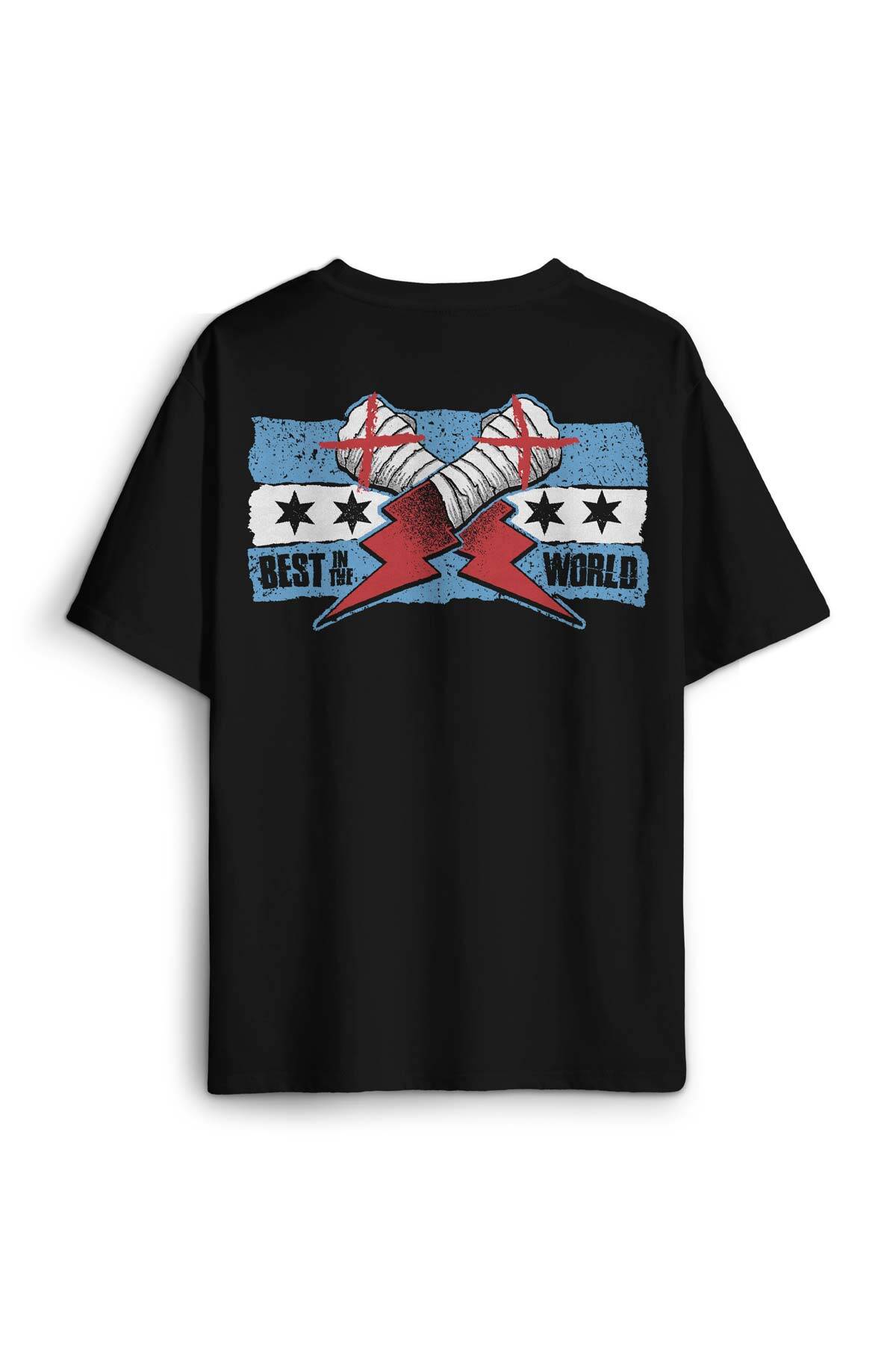 Siyah Oversize Tişört Eldiven Blue Flag Cm Punk Mavi Bayrak Fitness Spor Baskılı Unisex T-shirt - 1