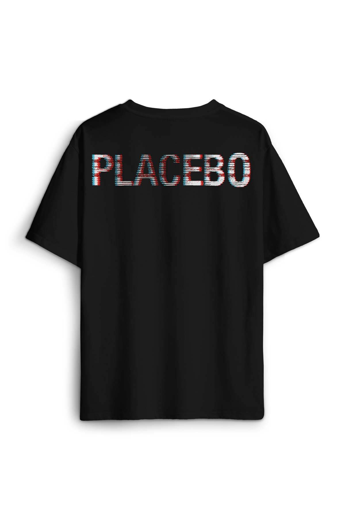 Siyah Oversize Tişört Glitch Placebo Music Molko Rock Müzik Beyaz Sırt Ön Baskılı Unisex T-shirt - 1