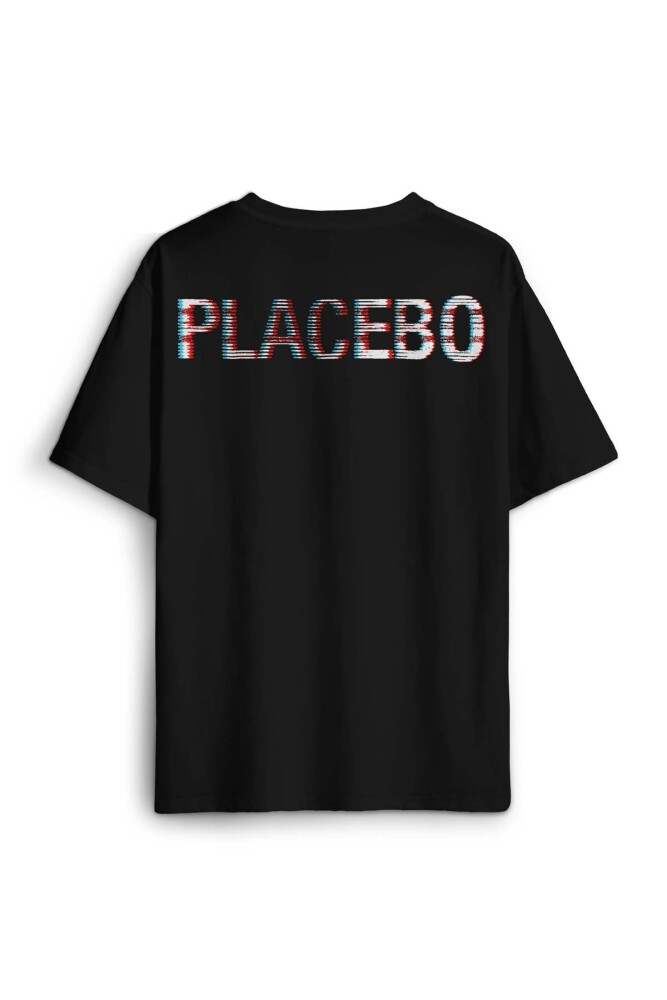 Siyah Oversize Tişört Glitch Placebo Music Molko Rock Müzik Beyaz Sırt Ön Baskılı Unisex T-shirt