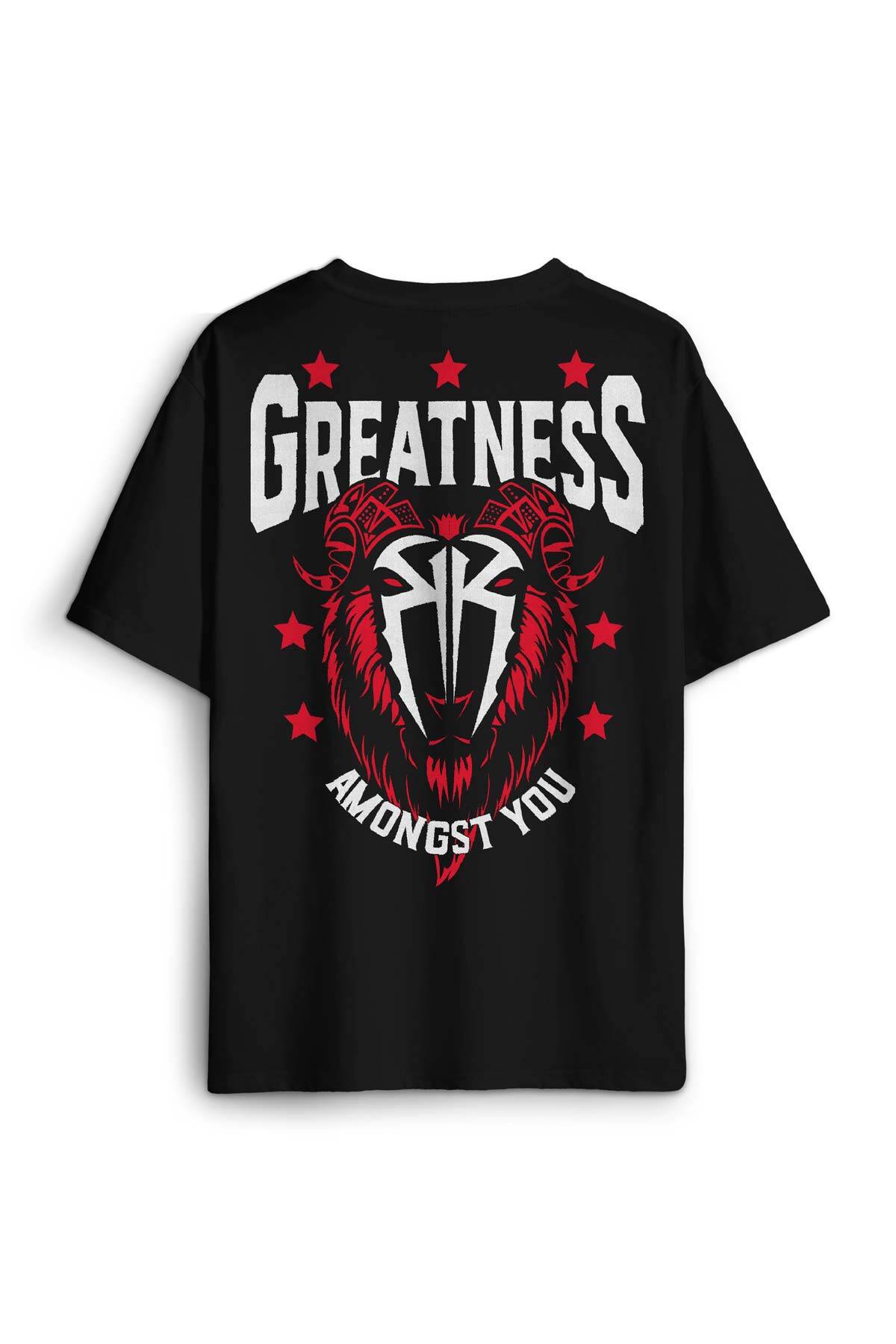 Siyah Oversize Tişört Greatness Roman Reigns Gym Spor Fitness Sırt Ön Baskılı Unisex T-shirt