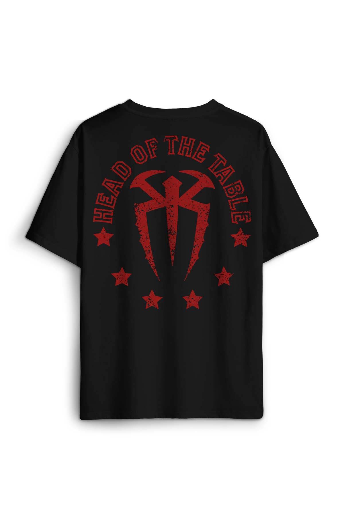 Siyah Oversize Tişört Head Of The Table Roman Reigns Spor Gym Sırt Ön Baskılı Unisex T-shirt - 1