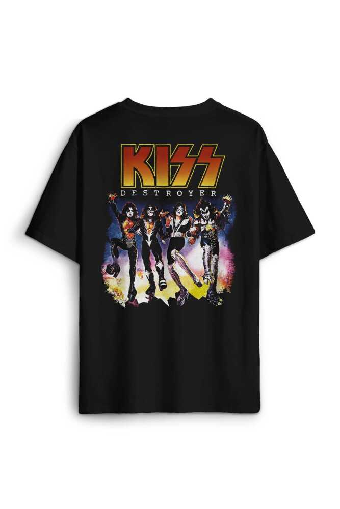 Siyah Oversize Tişört Kiss The Destroyer Rock Music Album Sırt Ön Baskılı Unisex T-shirt