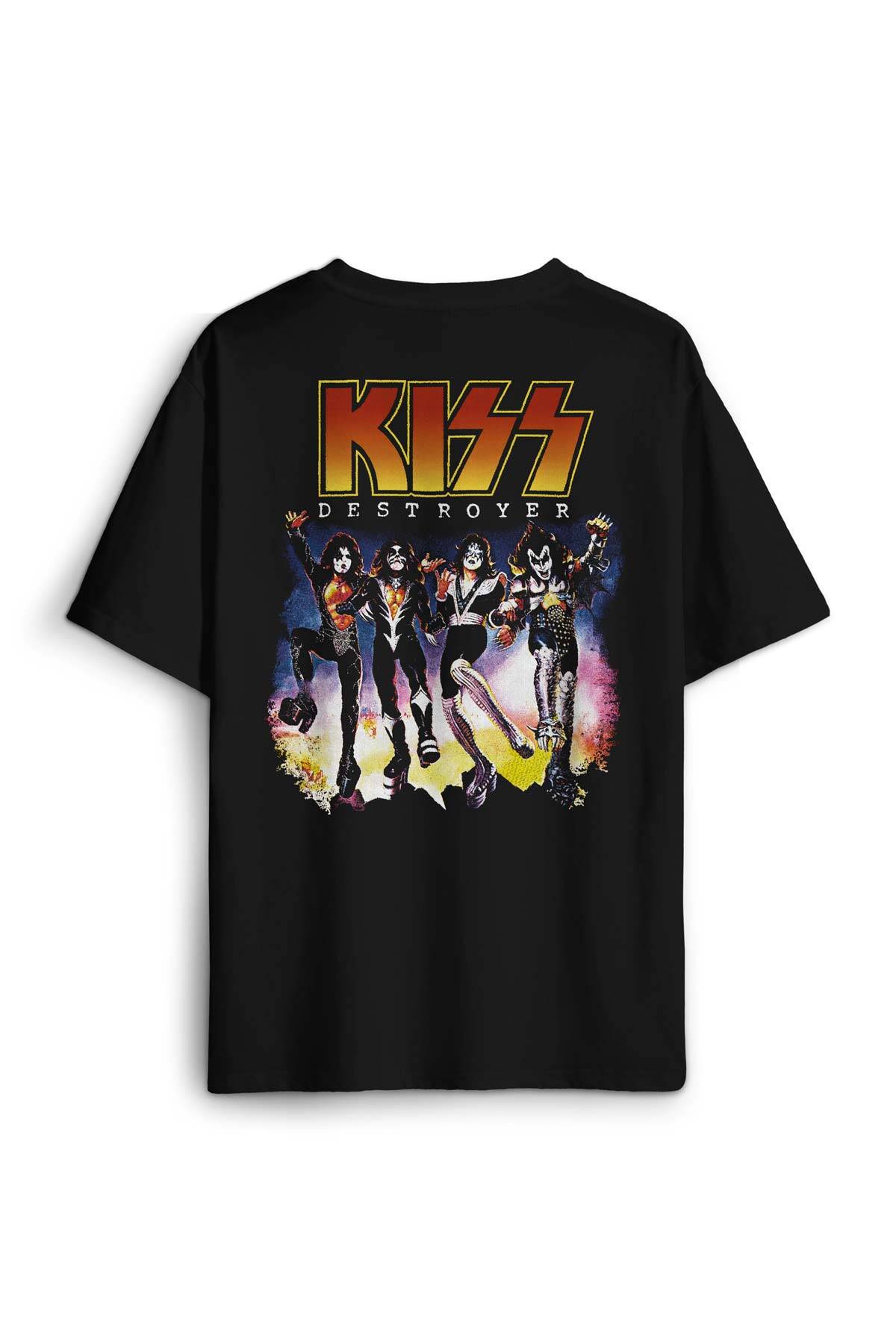 Siyah Oversize Tişört Kiss The Destroyer Rock Music Album Sırt Ön Baskılı Unisex T-shirt - 1