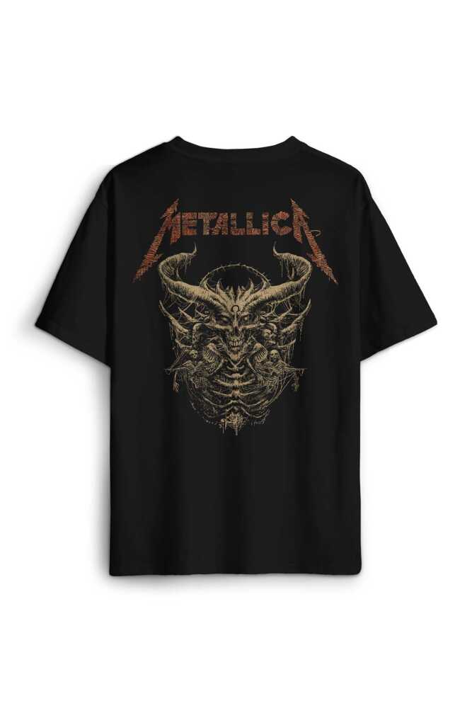 Siyah Oversize Tişört Metallica Sargı Canavar Skull Vintage Korku Sırt Ön Baskılı Unisex T-shirt