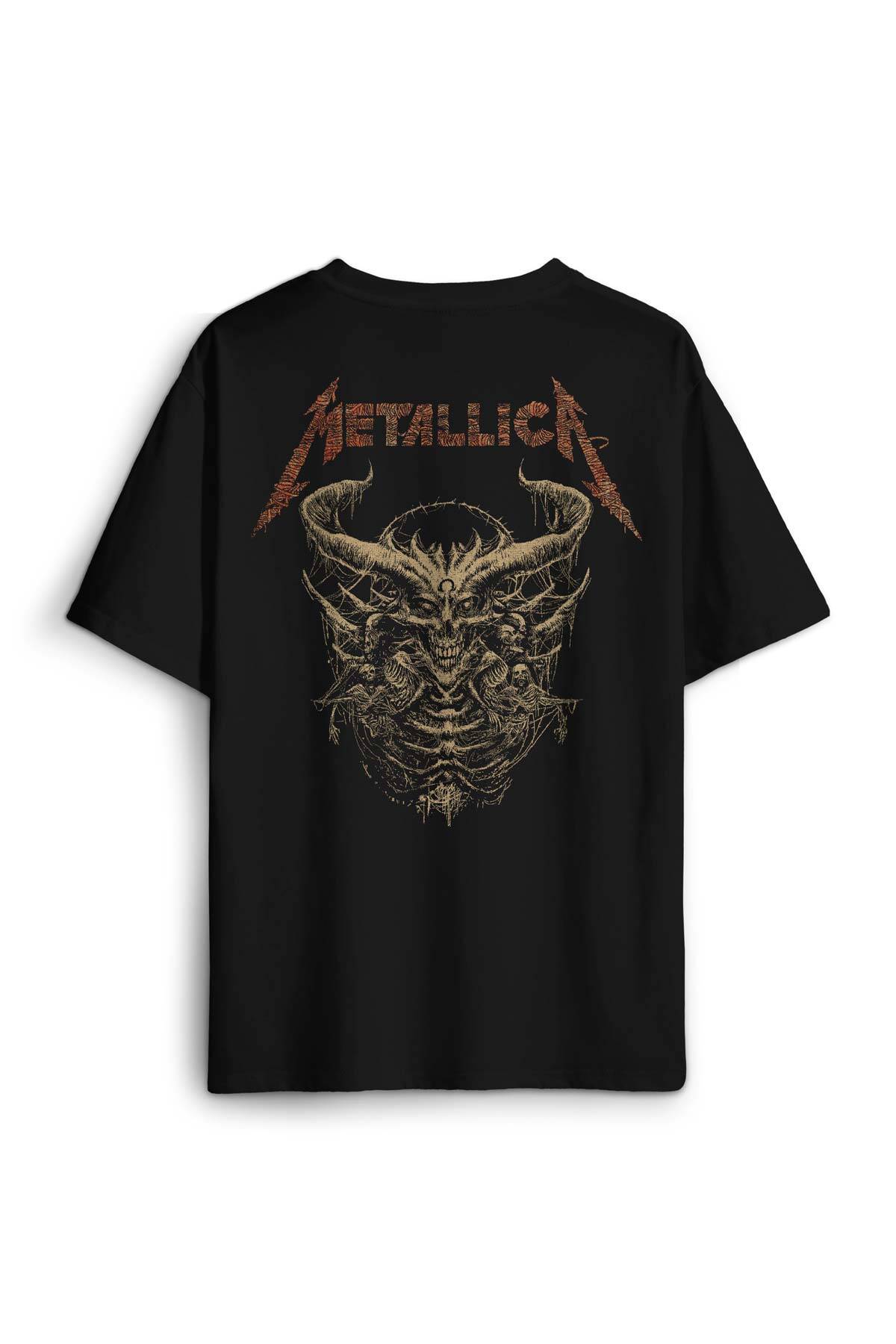 Siyah Oversize Tişört Metallica Sargı Canavar Skull Vintage Korku Sırt Ön Baskılı Unisex T-shirt - 1