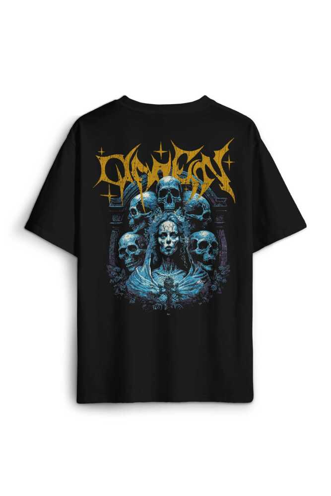 Siyah Oversize Tişört Omen Gotik Skull Gothic Corpse Bride Sırt Ön Baskılı Unisex T-shirt - 1