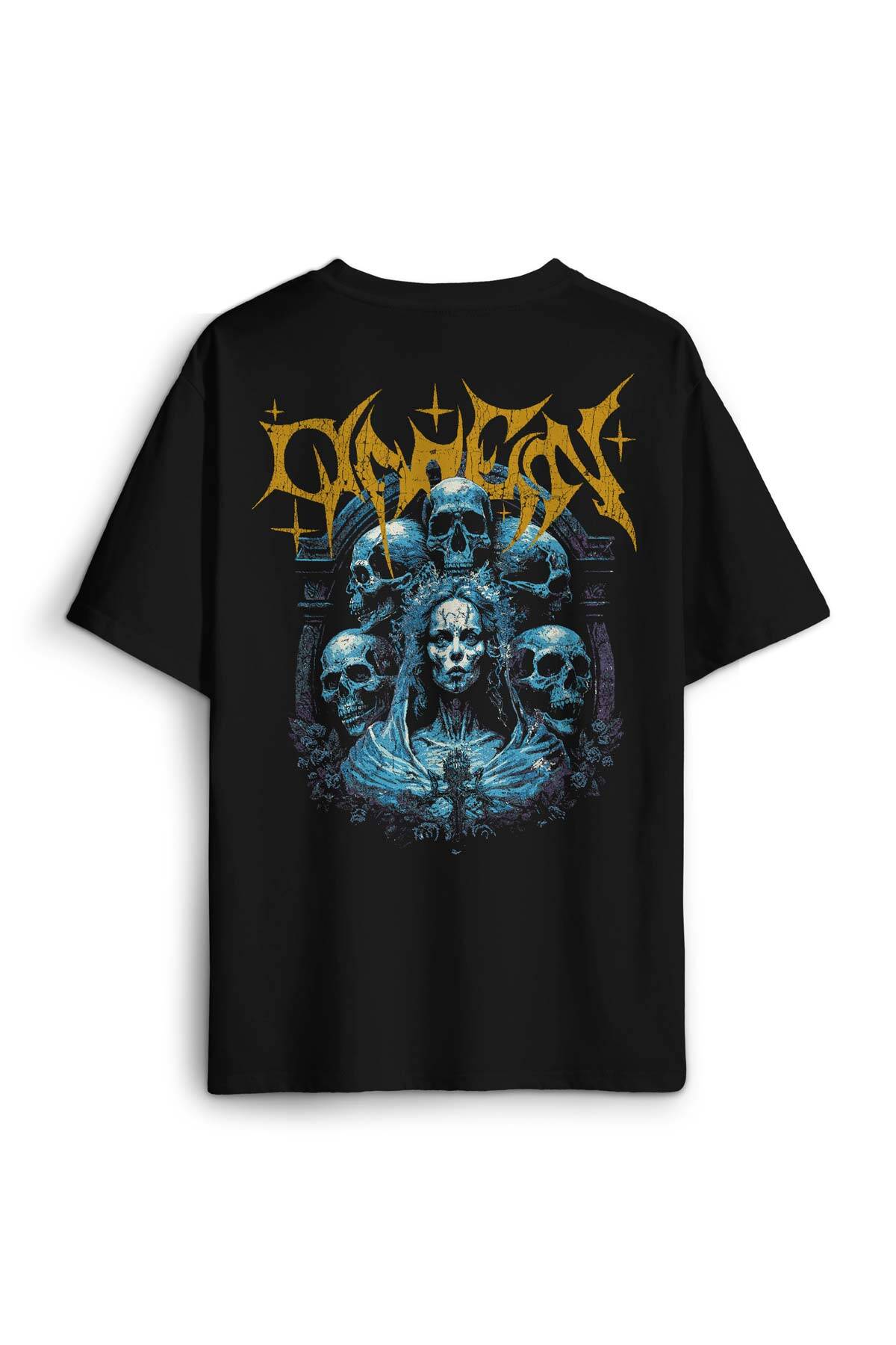Siyah Oversize Tişört Omen Gotik Skull Gothic Corpse Bride Sırt Ön Baskılı Unisex T-shirt - 1