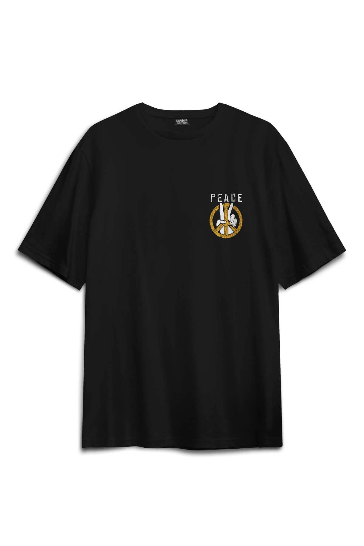 Siyah Oversize Tişört Peace Freedom Özgürlük Yazı Kısa Kollu Sırt Ön Baskılı Unisex T-shirt - 1