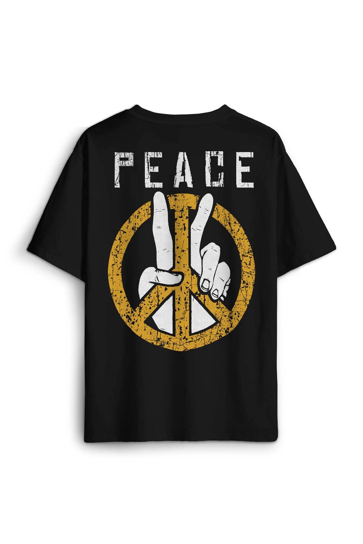 Siyah Oversize Tişört Peace Freedom Özgürlük Yazı Kısa Kollu Sırt Ön Baskılı Unisex T-shirt (1)