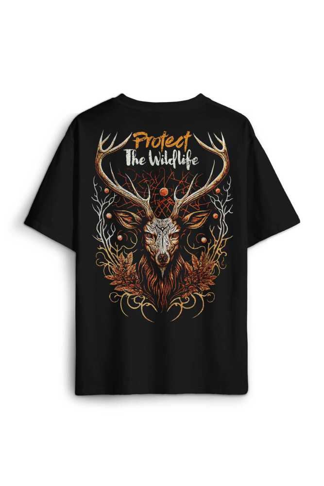 Siyah Oversize Tişört Protect The Wildlife Deer Nature Outdoor Doğa Geyik Baskılı Unisex T-shirt - 2