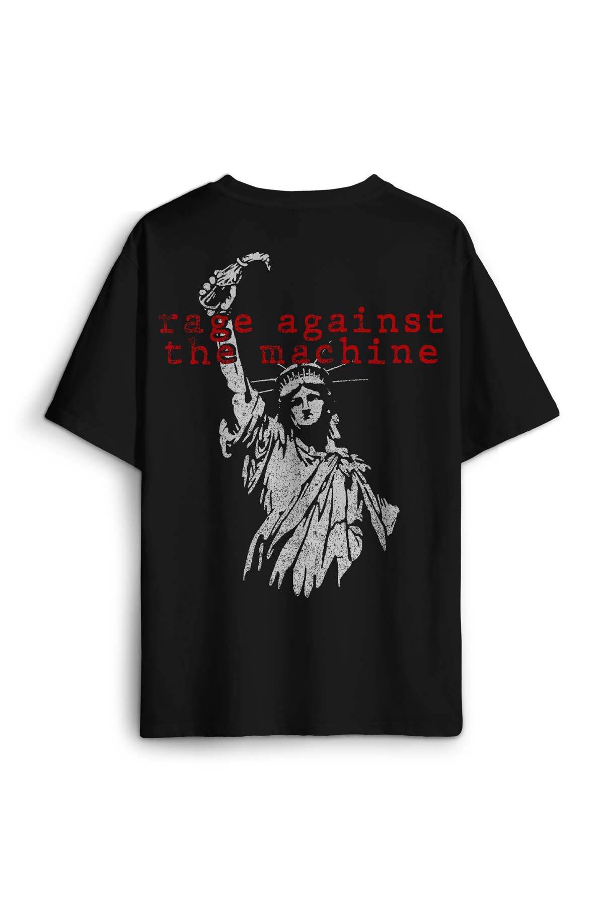 Siyah Oversize Tişört Rage Against The Machine Ratm Music Rock Metal Sırt Ön Baskılı Unisex T-shirt (1)