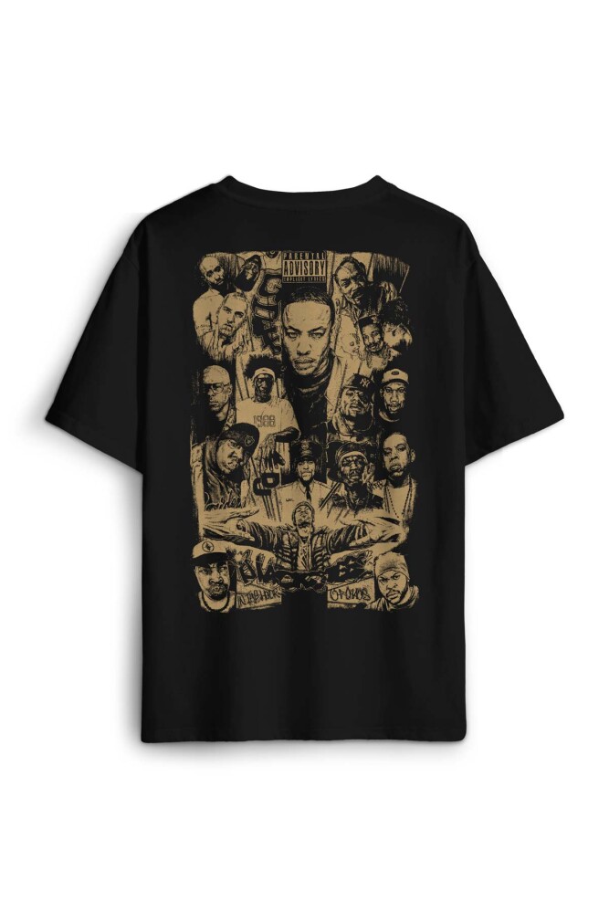 Siyah Oversize Tişört Rap Masters Hip Hop Ustalar Dre 2Pac Eminem Baskılı Unisex T-Shirt - 1