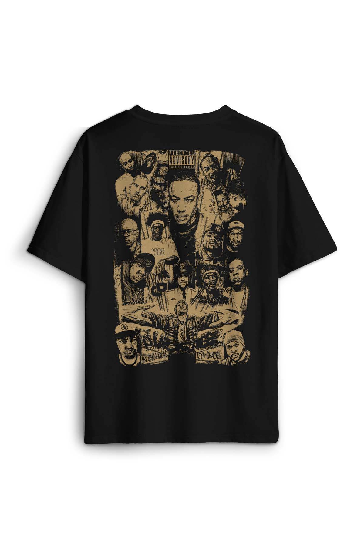 Siyah Oversize Tişört Rap Masters Hip Hop Ustalar Dre 2Pac Eminem Baskılı Unisex T-Shirt - 1