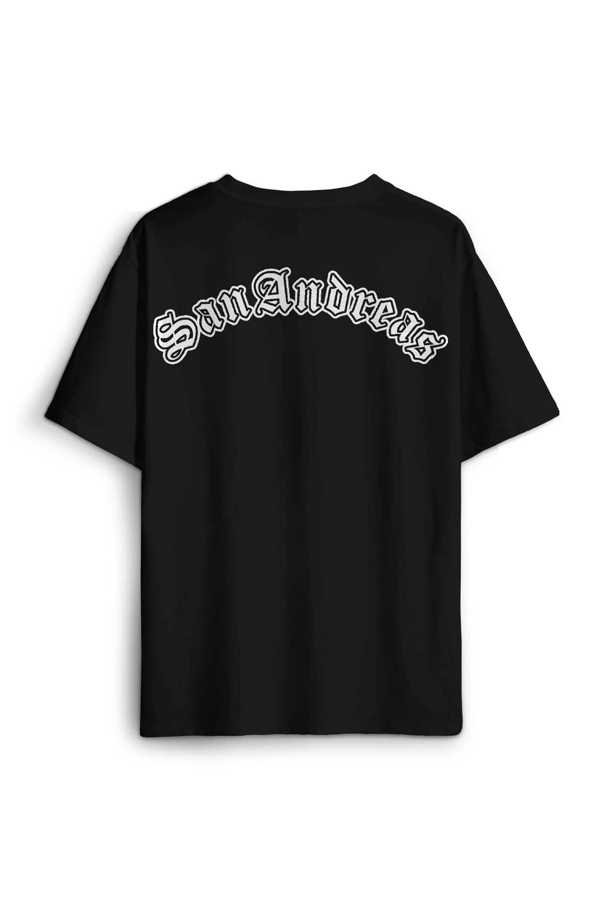 Siyah Oversize Tişört San Andreas Tipografi Sırt Ön Baskılı Unisex T-shirt - 1