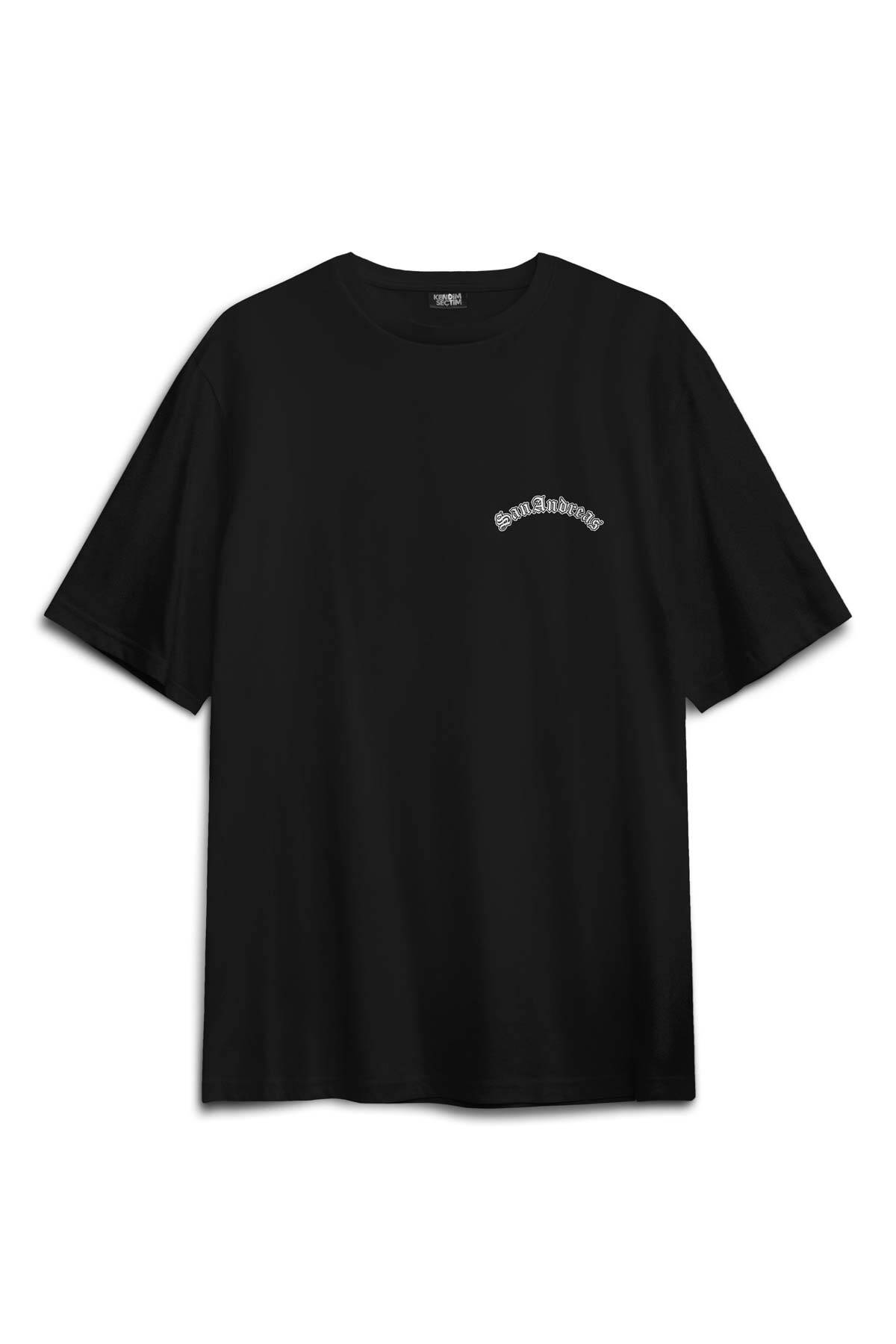 Siyah Oversize Tişört San Andreas Tipografi Sırt Ön Baskılı Unisex T-shirt - 2