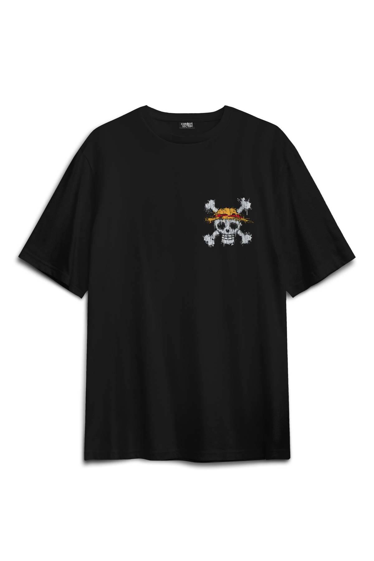 Siyah Oversize Tişört Şapkalı One Piece Anime Sırt Ön Baskılı Relax Fit T-shirt - 1