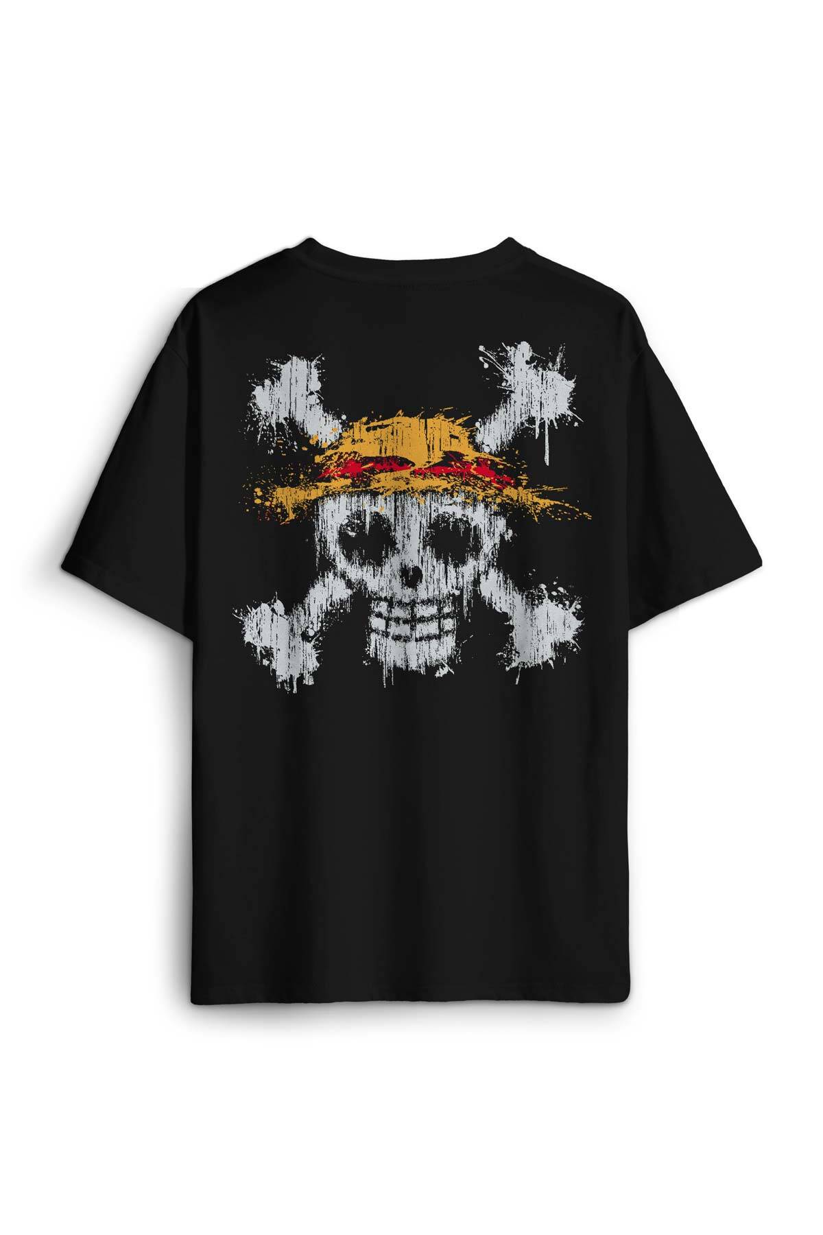 Siyah Oversize Tişört Şapkalı One Piece Anime Sırt Ön Baskılı Relax Fit T-shirt - 2