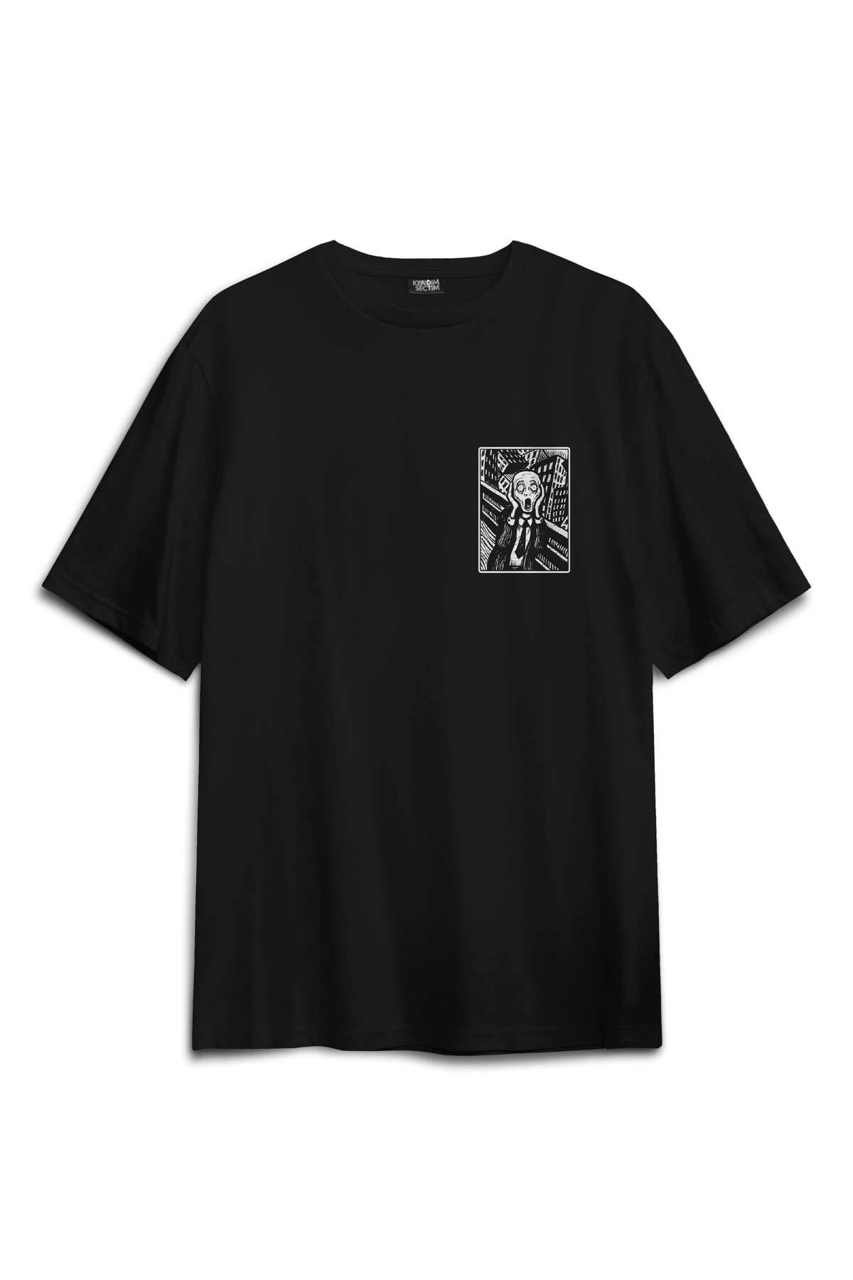 Siyah Oversize Tişört Scream Edward Munch Tablo Korku Ressam Sırt Ön Baskılı Unisex T-shirt - 1