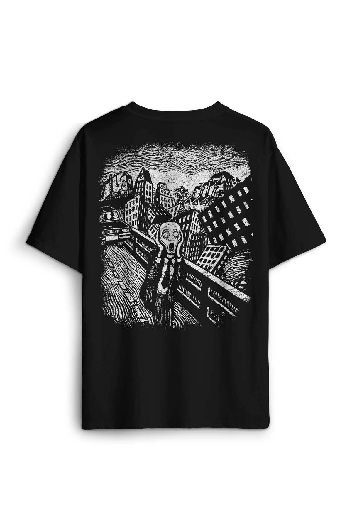 Siyah Oversize Tişört Scream Edward Munch Tablo Korku Ressam Sırt Ön Baskılı Unisex T-shirt - 2