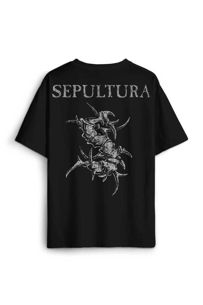 Siyah Oversize Tişört Sepultura Cavalera Metal Rock Music Brazil Sırt Ön Baskılı Unisex T-shirt