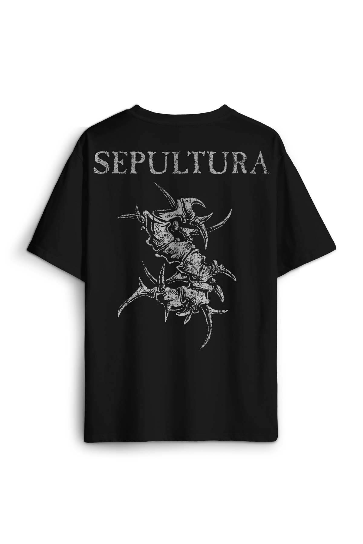 Siyah Oversize Tişört Sepultura Cavalera Metal Rock Music Brazil Sırt Ön Baskılı Unisex T-shirt - 1