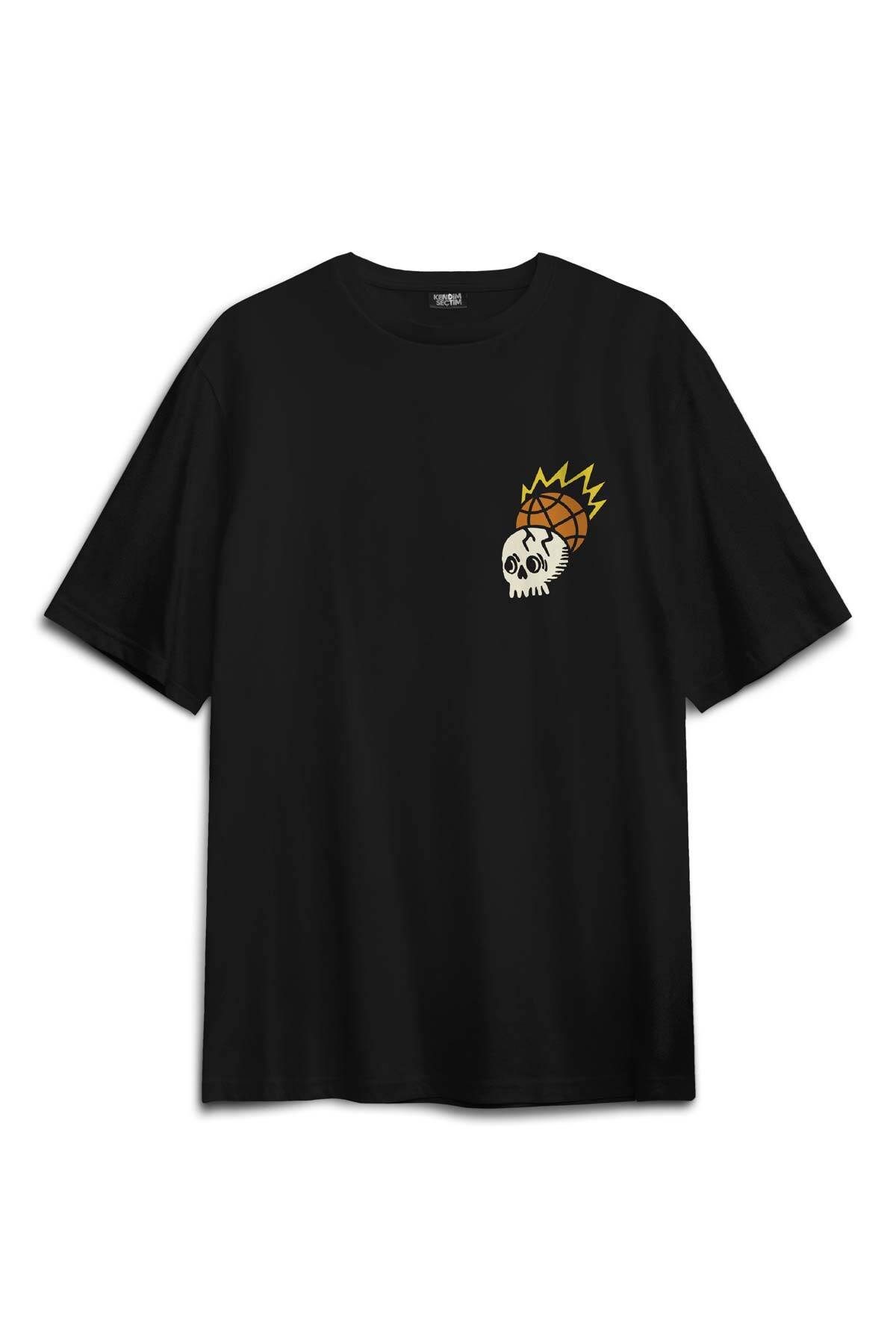 Siyah Oversize Tişört Skull Logo Y2k Kuru Kafa Galaksi Uzay Galaxy Sırt Ön Baskılı Unisex T-shirt - 1