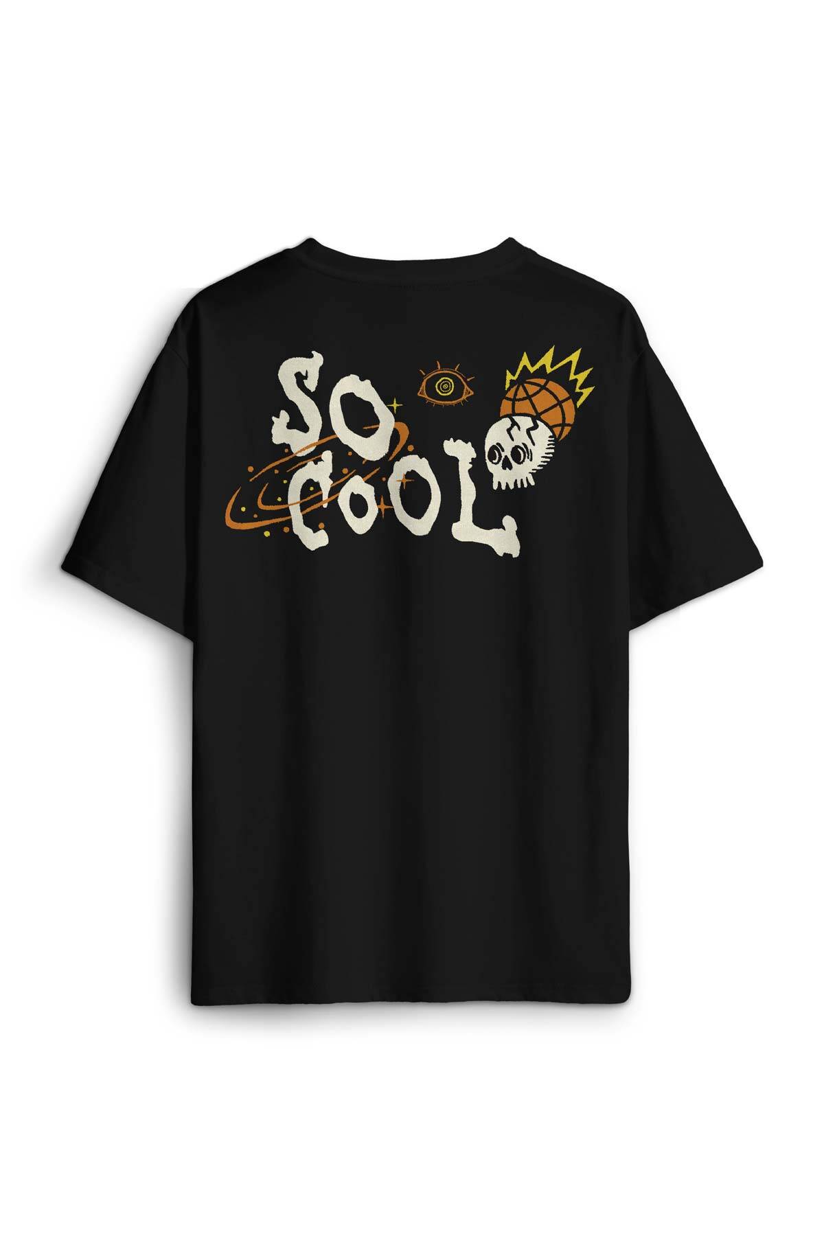 Siyah Oversize Tişört Skull Logo Y2k Kuru Kafa Galaksi Uzay Galaxy Sırt Ön Baskılı Unisex T-shirt (1)