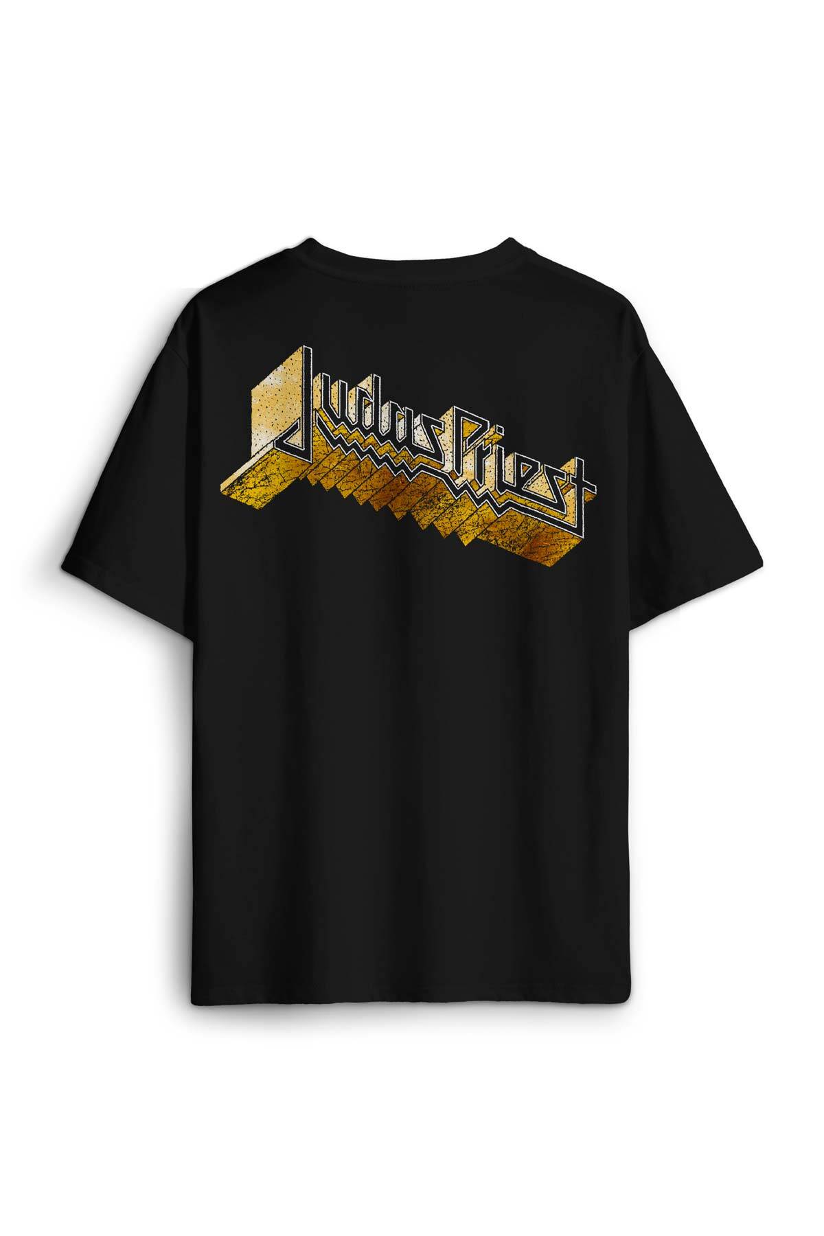 Siyah Oversize Tişört Tişört Judas Priest Heavy Metal Rock Müzik Sırt Ön Baskılı Unisex T-shirt - 1