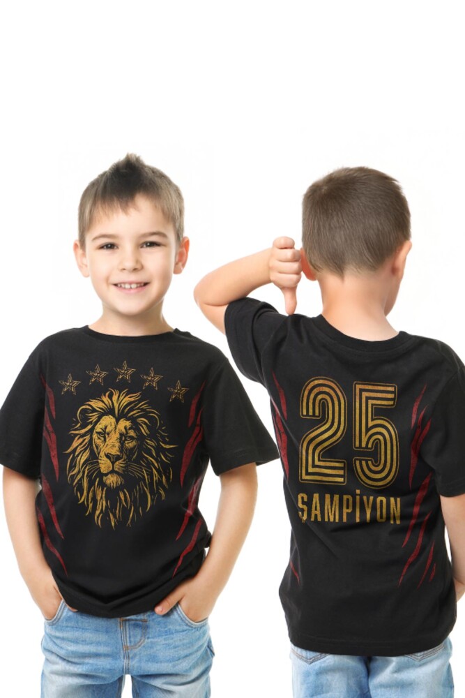 Siyah Renk Çocuk Tişört Aslan Ruhu Sarı Kırmızı 5 Yıldız Şampiyon Ön ve Sırt Baskılı Tasarım T-shirt - KENDİM SEÇTİM