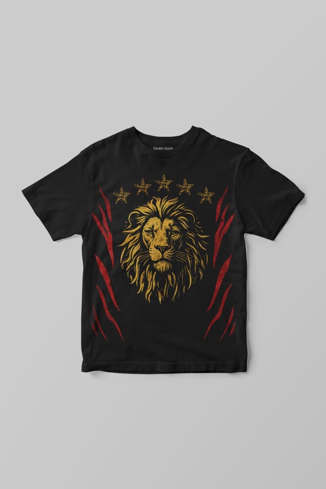Siyah Renk Çocuk Tişört Aslan Ruhu Sarı Kırmızı 5 Yıldız Şampiyon Ön ve Sırt Baskılı Tasarım T-shirt - 2