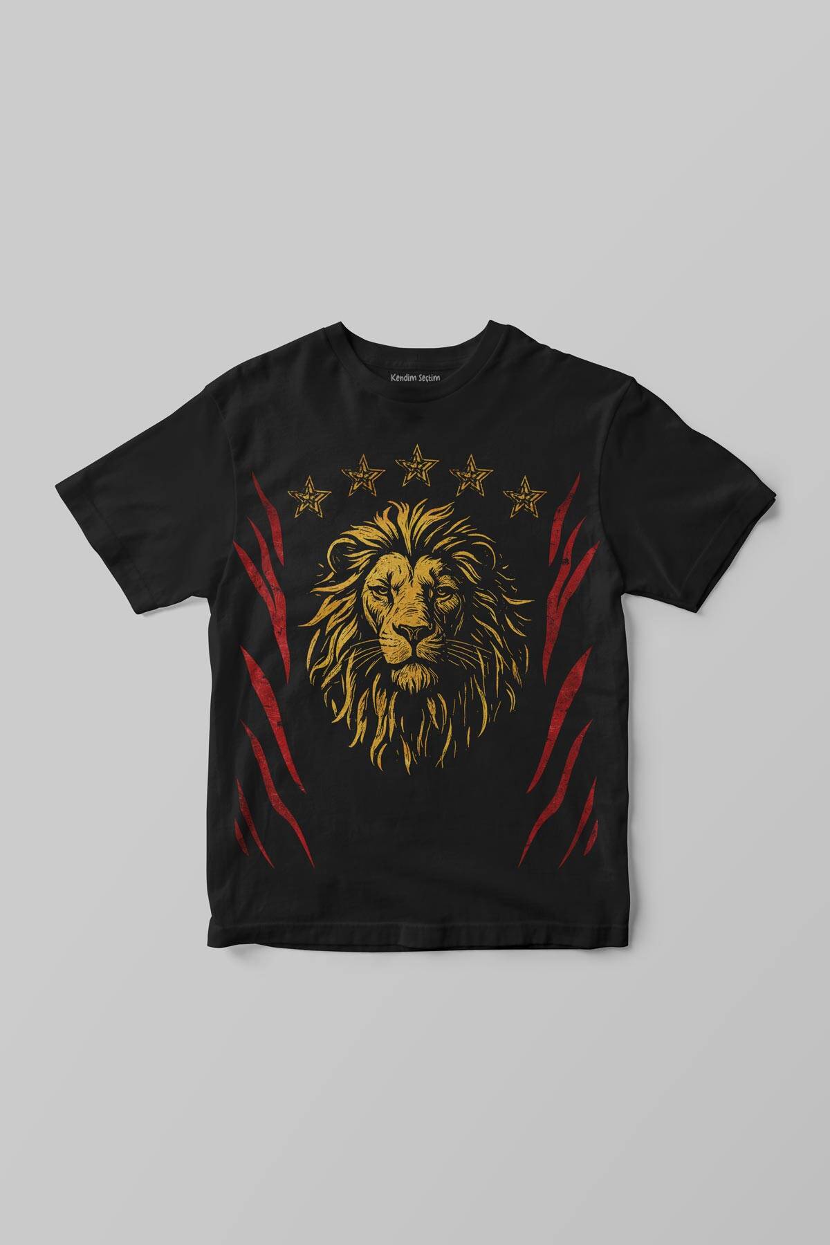 Siyah Renk Çocuk Tişört Aslan Ruhu Sarı Kırmızı 5 Yıldız Şampiyon Ön ve Sırt Baskılı Tasarım T-shirt - 2