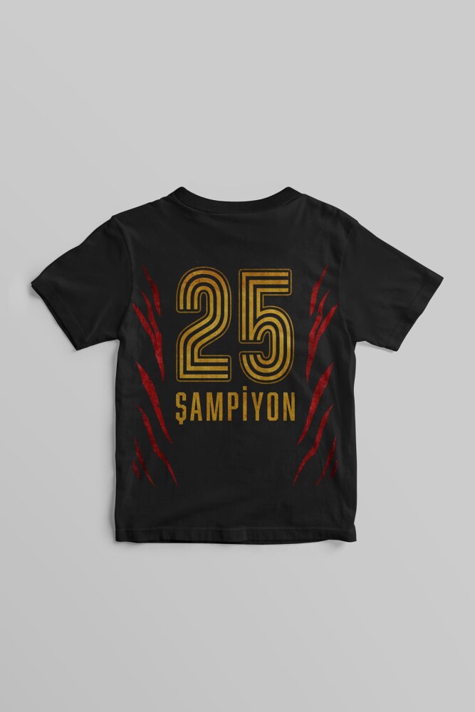 Siyah Renk Çocuk Tişört Aslan Ruhu Sarı Kırmızı 5 Yıldız Şampiyon Ön ve Sırt Baskılı Tasarım T-shirt - 3