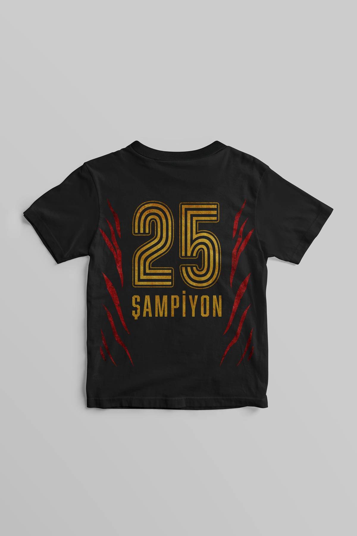 Siyah Renk Çocuk Tişört Aslan Ruhu Sarı Kırmızı 5 Yıldız Şampiyon Ön ve Sırt Baskılı Tasarım T-shirt - 3