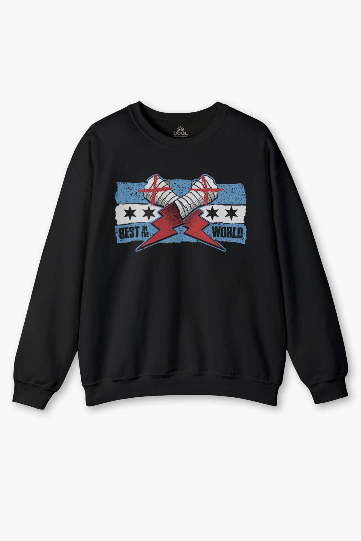 Siyah Sweat Eldiven Blue Flag CM Punk Mavi Bayrak Fitness Spor Sweet Baskılı Sweatshirt - 1