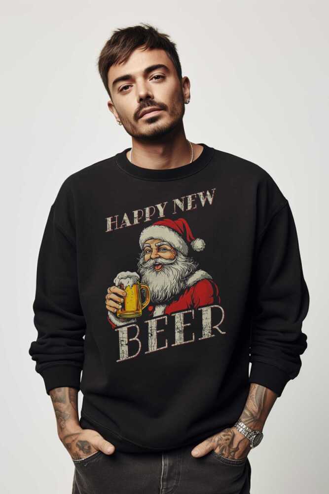 Siyah Sweat Happy New Beer Yeni Yıl Noel Merry Christmas Yılbaşı Sweet Bisiklet Yaka Sweatshirt - 1