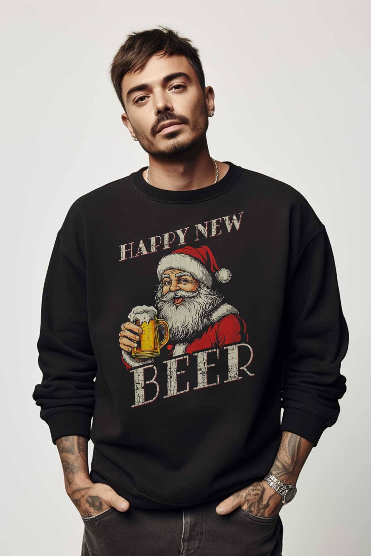 Siyah Sweat Happy New Beer Yeni Yıl Noel Merry Christmas Yılbaşı Sweet Bisiklet Yaka Sweatshirt