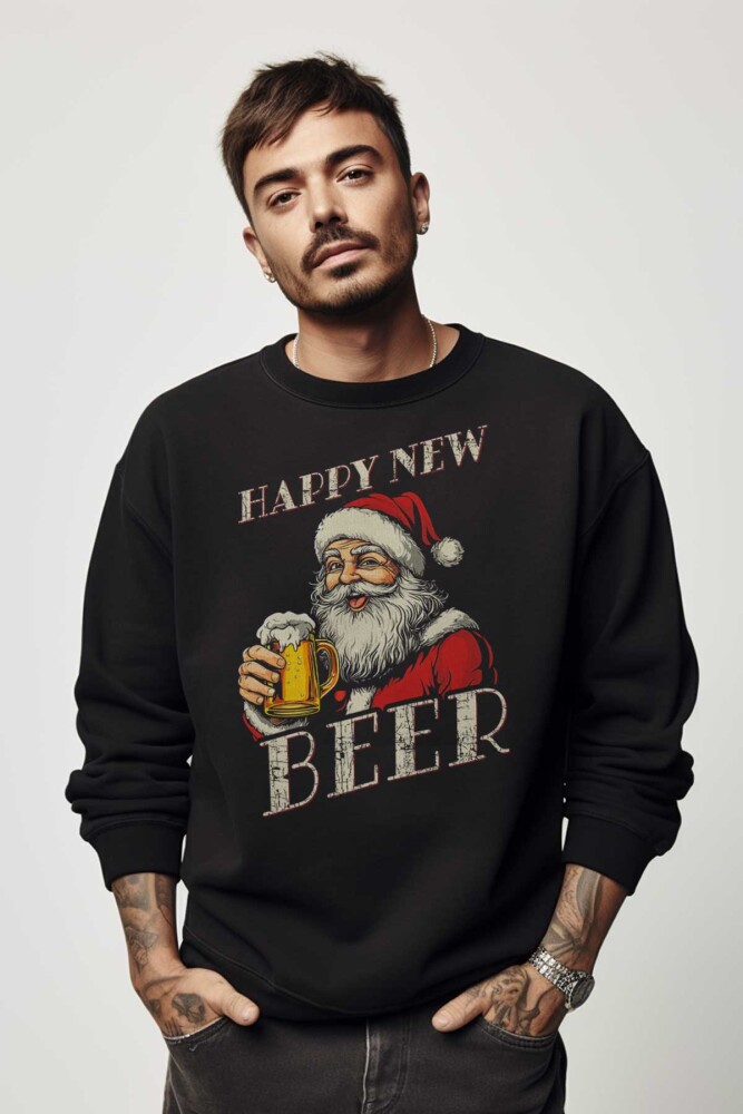 Siyah Sweat Happy New Beer Yeni Yıl Noel Merry Christmas Yılbaşı Sweet Bisiklet Yaka Sweatshirt - So Cool