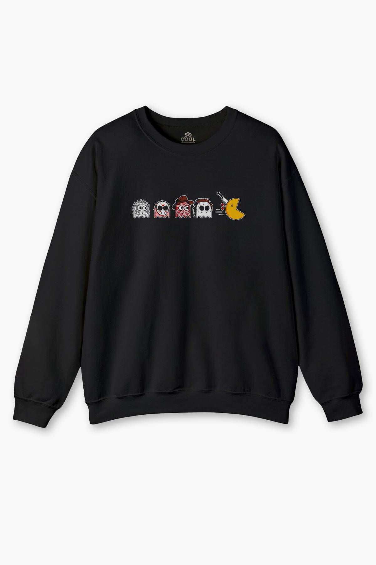 Siyah Sweatshirt Among Us Pacman Hallowen Korku Film Oyun Siyah Baskılı Sweat - 1