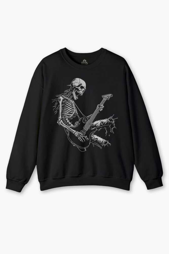 Siyah Sweatshirt Skeleton Playing Guitar Heavy Metal Skull İskelet Gitar Rock Siyah Baskılı Sweat - 1