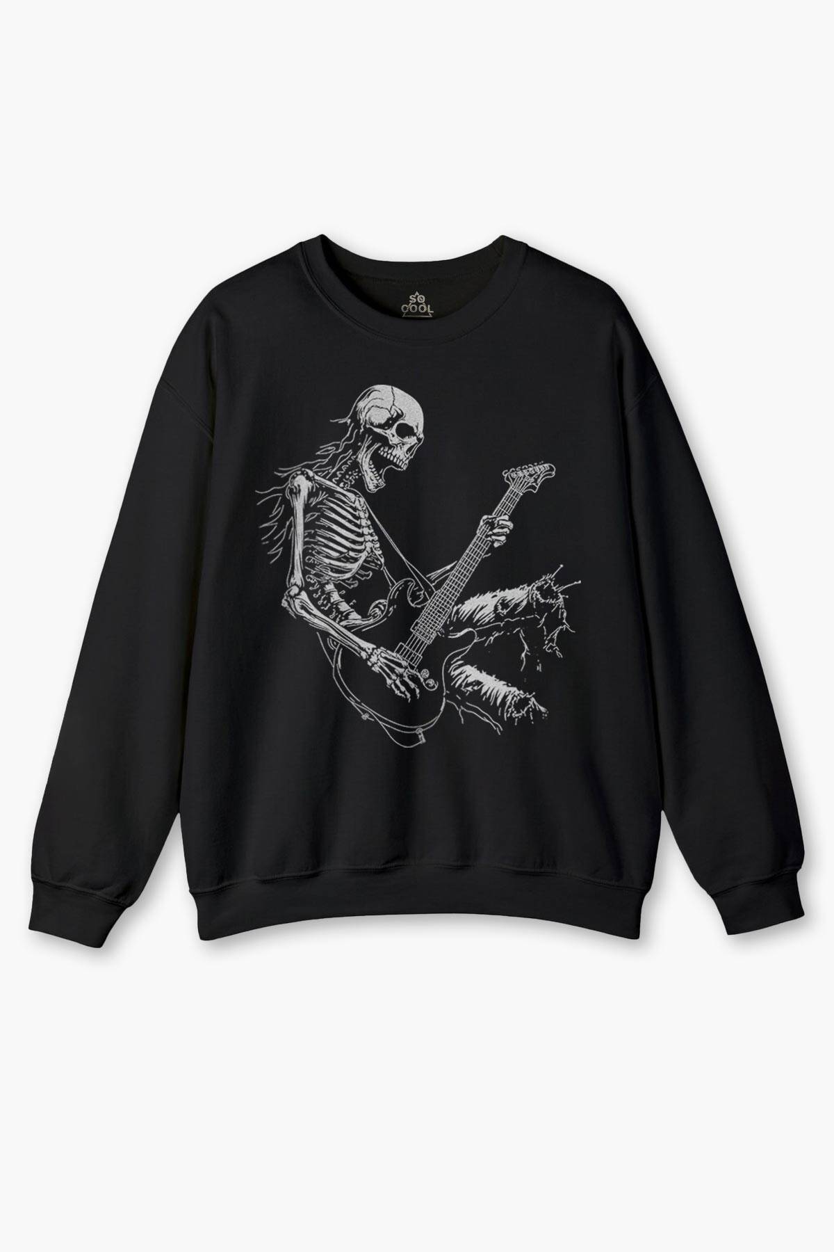Siyah Sweatshirt Skeleton Playing Guitar Heavy Metal Skull İskelet Gitar Rock Siyah Baskılı Sweat