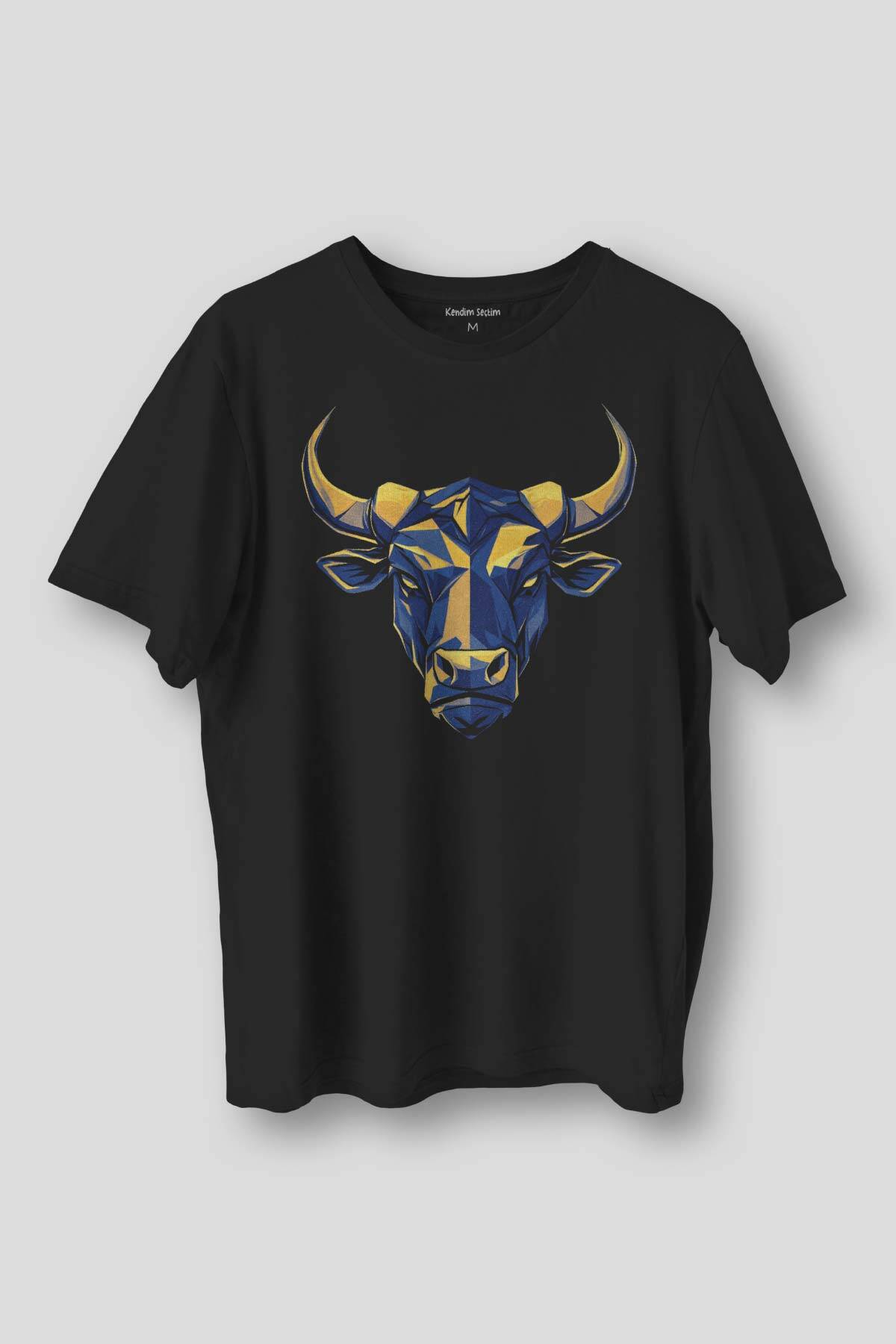 Siyah T-shirt Boğa Sarı Lacivert Bull Fener Fitness Gym 1907 Geometrik Baskılı Unisex Tişört